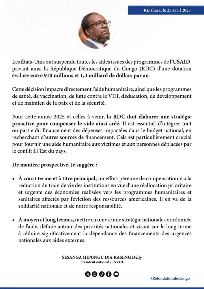 SUSPENSION DES AIDES DE l’USAID : LA RDC DOIT ÉLABORER UNE STRATÉGIE PROACTIVE POUR COMPENSER LE VIDE CRÉÉ (COMMUNIQUÉ)